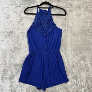 Blue Crochet Lace Halter Romper Boho Festival Sleeveless‎ Flowy Shorts Sz Small